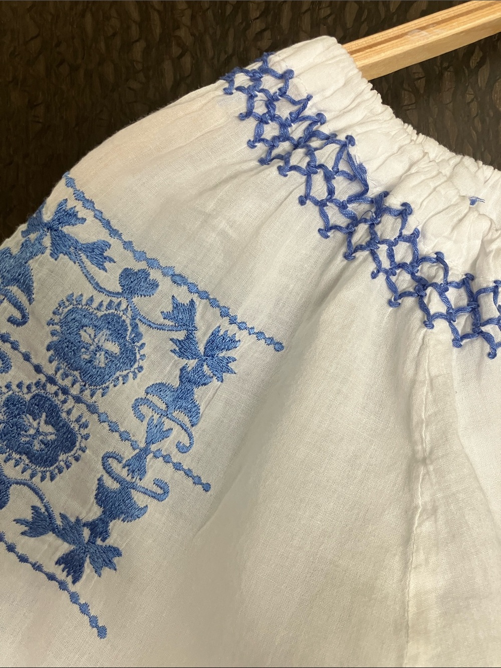 LETARTE Boho Peasant Top White w/ Blue Hand Embroidery Delicate Cotton Size S - Picture 3 of 9